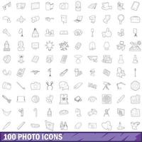 100 photo icons set, outline style vector