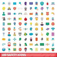 100 safety icons set, cartoon style vector