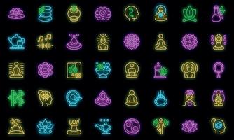 Meditation icons set outline vector. Happy yoga vector neon