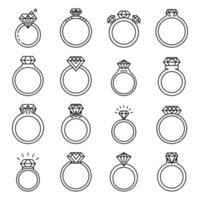 conjunto de iconos de anillo de diamantes, estilo de esquema vector