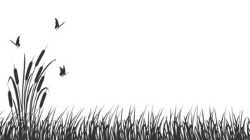 paisaje de silueta negra con juncos y pato volador. fondo con hierba, juncos y mariposas. vector