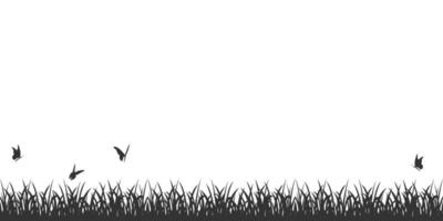 Grass black silhouette border with butterflies. Vector illustration of seamless lawn isolated on white. Background for natural outdoor design.