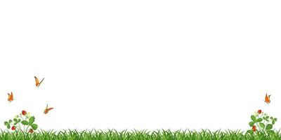 Green grass border with berries and butterflies. Vector illustration of seamless lawn with strawberries isolated on white.