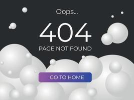 Website 404 error. UX UI page design. User interface with dark background and white balls. Bright button. vector