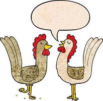 cartoon chickens and speech bubble in retro texture style vector