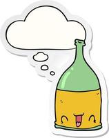 cartoon wine bottle and thought bubble as a printed sticker vector