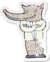 retro distressed sticker of a cartoon wolf man vector