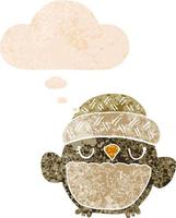 cute cartoon owl in hat and thought bubble in retro textured style vector