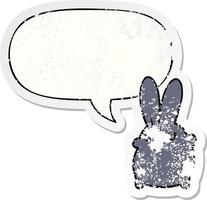 cute cartoon rabbit and speech bubble distressed sticker vector