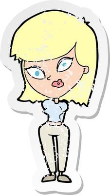 retro distressed sticker of a cartoon confused woman