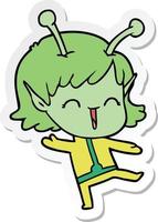 sticker of a cartoon alien girl laughing vector