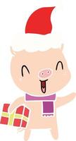 happy flat color illustration of a pig with xmas present wearing santa hat vector