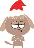 flat color illustration of a bored dog wearing santa hat vector