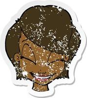 retro distressed sticker of a cartoon pretty female face vector