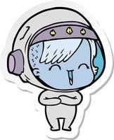 sticker of a cartoon laughing astronaut girl vector