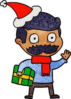 textured cartoon of a man with mustache and christmas present wearing santa hat