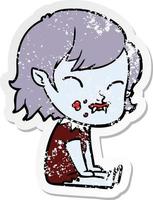 distressed sticker of a cartoon vampire girl with blood on cheek vector