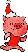 happy textured cartoon of a pig running wearing santa hat vector