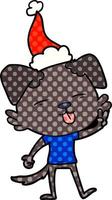 comic book style illustration of a dog sticking out tongue wearing santa hat vector