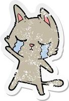 distressed sticker of a crying cartoon cat vector