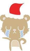 crying flat color illustration of a bear wearing santa hat vector