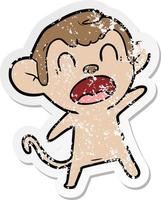 distressed sticker of a shouting cartoon monkey vector