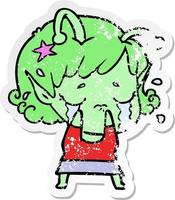 pegatina angustiada de una niña alienígena llorando de dibujos animados vector