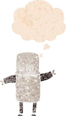 cartoon robot and thought bubble in retro textured style