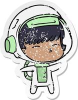 distressed sticker of a cartoon curious astronaut vector