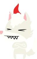 angry wolf flat color illustration of a wearing santa hat vector