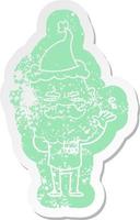 cartoon distressed sticker of a dismissive man with beard frowning wearing santa hat vector