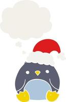 lindo pingüino de dibujos animados con sombrero de navidad y burbuja de pensamiento en estilo retro vector