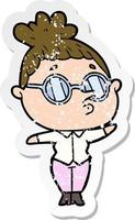 distressed sticker of a cartoon woman wearing glasses vector