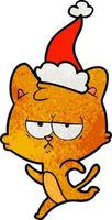 bored textured cartoon of a cat wearing santa hat vector