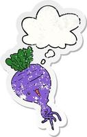 cartoon turnip and thought bubble as a distressed worn sticker vector