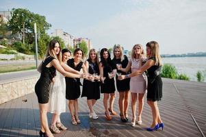 Group of 8 girls wear on black and 2 brides at hen party against sunny beach drinking champagne. photo