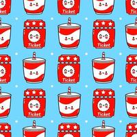 Funny cute happy ticket and cold drink seamless pattern characters. Vector kawaii line cartoon style illustration. Cute ticket and cold drink pattern