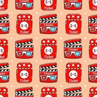 Funny cute happy ticket and movie clapper seamless pattern characters. Vector kawaii line cartoon style illustration. Cute ticket and movie clapper pattern