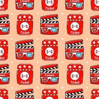 Funny cute happy ticket and movie clapper seamless pattern characters. Vector kawaii line cartoon style illustration. Cute ticket and movie clapper pattern