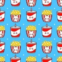 divertidos y felices palomitas de maíz y bebidas frías personajes de patrones sin fisuras. ilustración de estilo de dibujos animados de línea kawaii vectorial. lindo patrón de palomitas de maíz y bebida fría vector