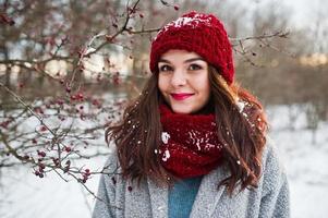 retrato de una chica gentil con abrigo gris, sombrero rojo y bufanda cerca de las ramas de un árbol cubierto de nieve. foto