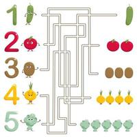 juego de laberinto educativo para niños con números y verduras de dibujos animados vector