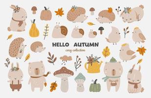 Autumn set, autumn clip art, collection of design elements with leaves, pumpkins, cute animals, mushrooms and others. Hand drawn childish vector illustration.