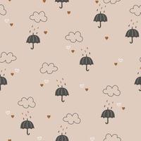 Seamless pattern with hand drawn umbrellas, clouds and drops. Childrens texture. Great for fabric, textile vector illustration.