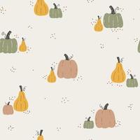 Seamless autumn pattern with pumpkins on white background. Endless repeatable texture of autumnal harvest. Colored hand-drawn vector illustration of drawing for printing.