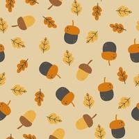 Seamless pattern with autumn leaves and berries. Colorful repeating background with oak leaves and acorns for wrapping paper. Flat vector cartoon illustration of bright fall foliage.