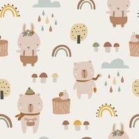 Seamless childish pattern with bear, bunny and mushrooms. Creative childish urban texture for fabric, wrapping, textile, wallpaper, clothing. Vector illustration.