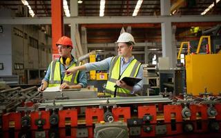 Two young engineers Testing and verifying the operation of the machines forming metal sheet tiles photo