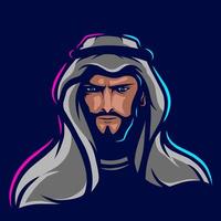 Arabian man logo vector line neon art potrait colorful design with dark background. Abstract graphic illustration. Isolated black background for t-shirt