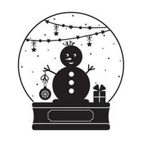 snow globe with snowman and garland, black stencil, vector isolated illustration